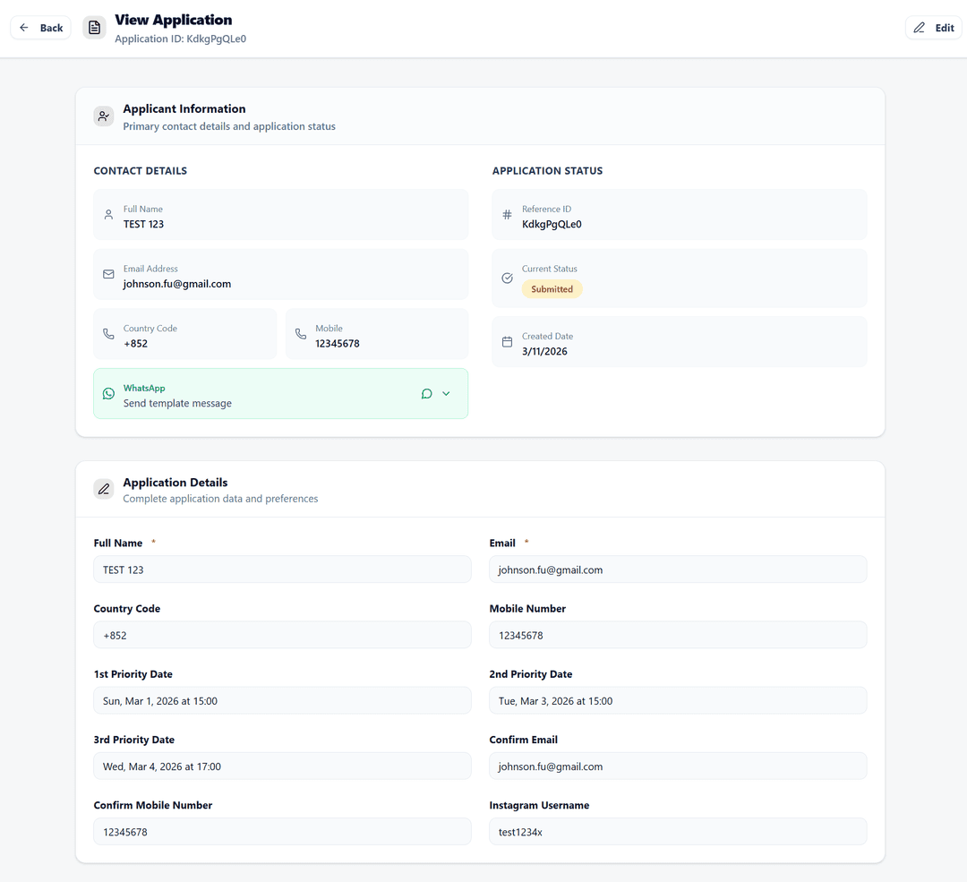 EventLink application management interface