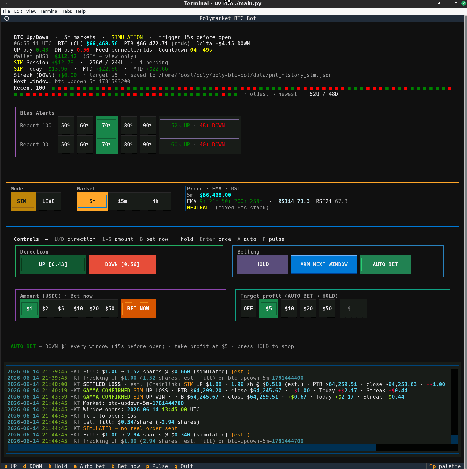 Polymarket BTC Trading Bot terminal dashboard preview