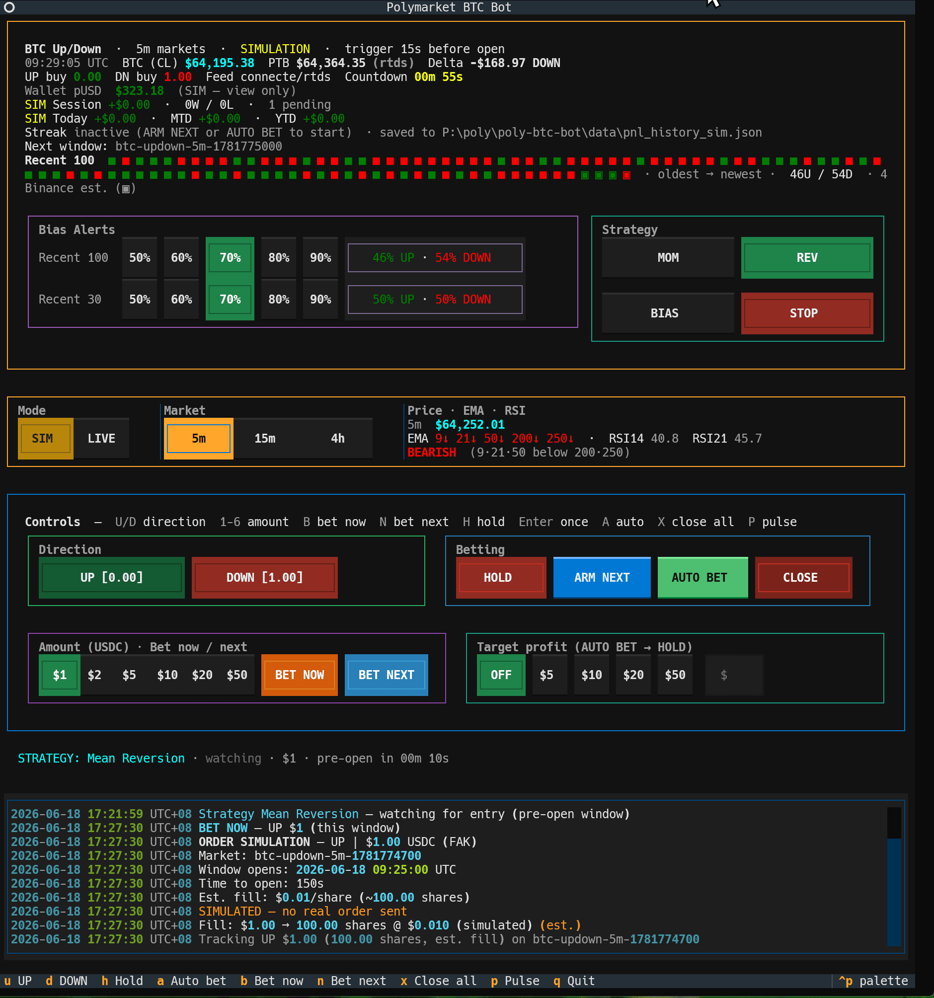 Polymarket BTC Trading Bot main terminal interface