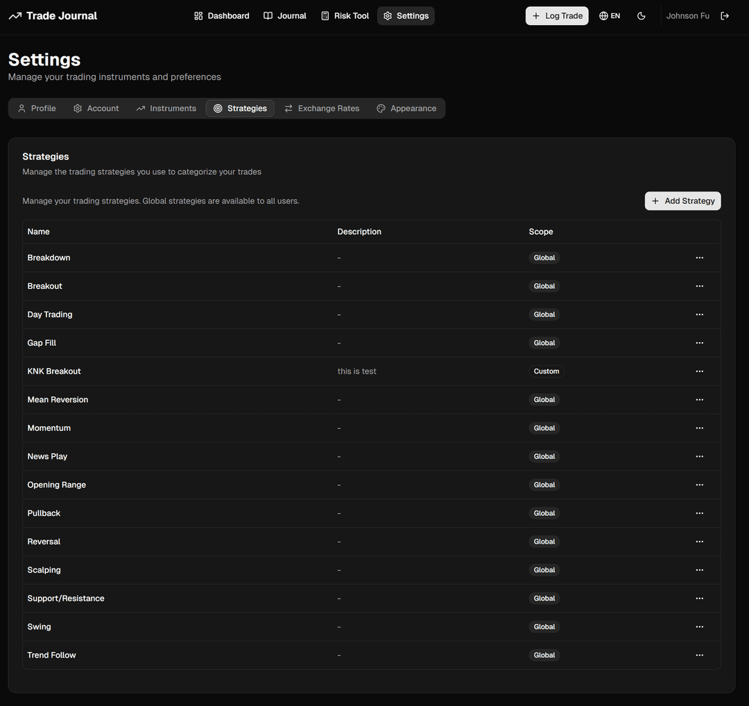 Trade Journal settings page