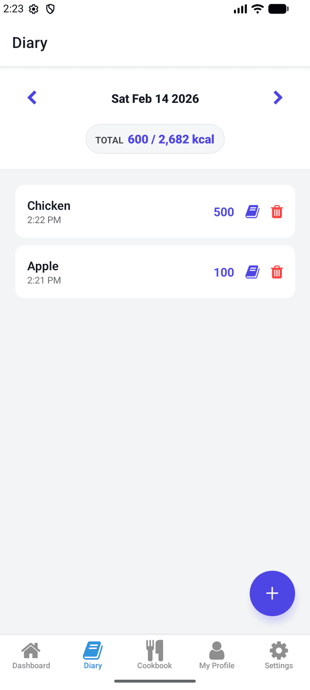 LiteLog Diary screen with food entries and daily total