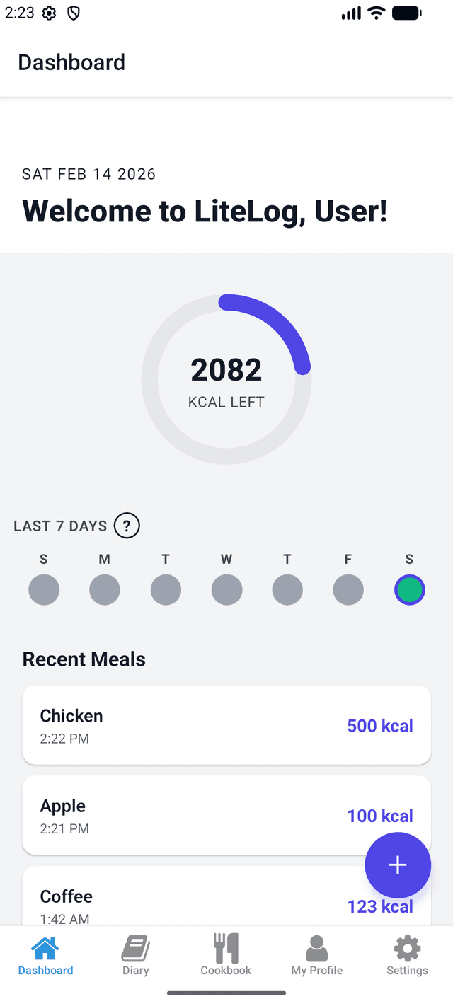 LiteLog Dashboard with calorie tracker and last 7 days