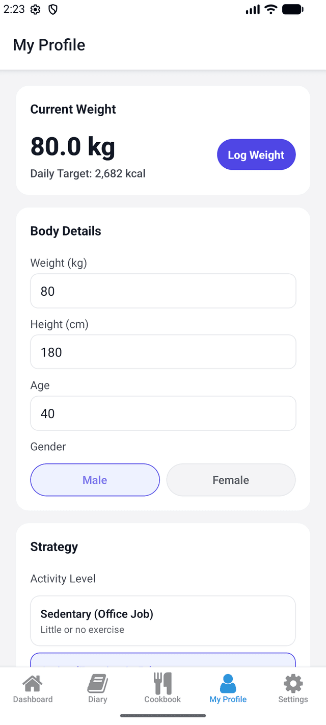 LiteLog My Profile with weight and body details